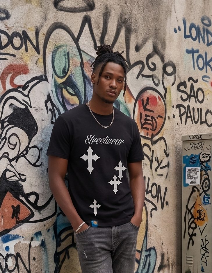 Modelo con playera negra Streetwear frente a un muro con grafiti