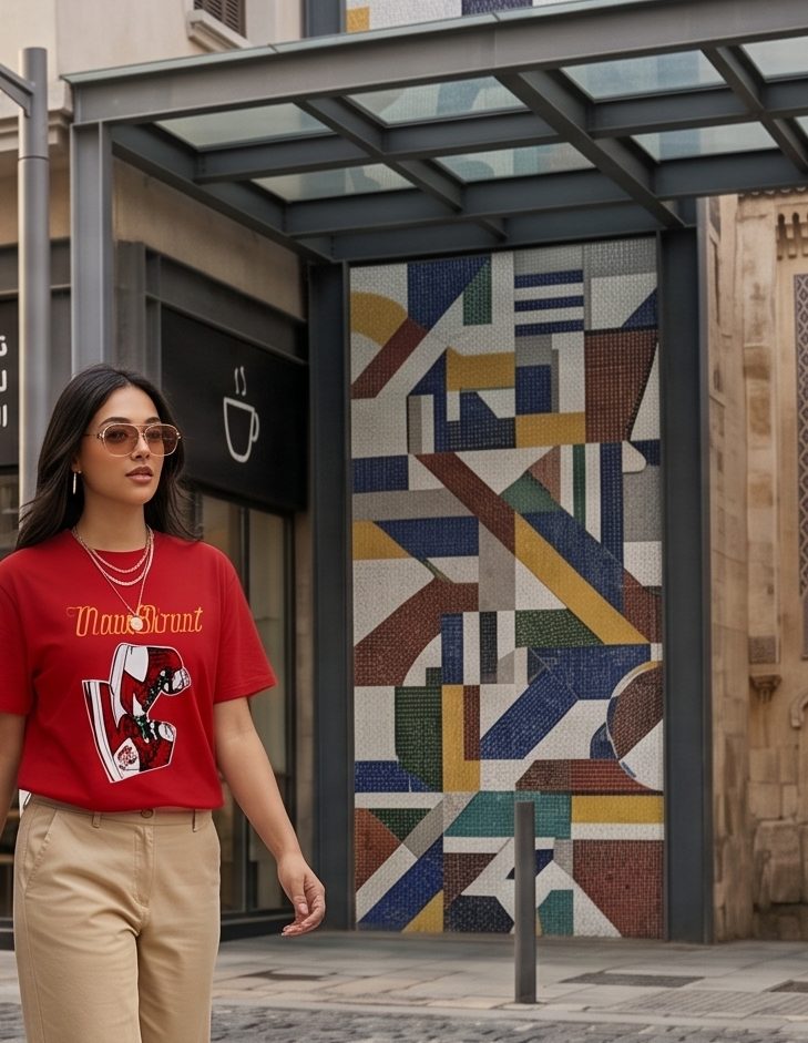 Modelo con playera roja Mayan Boy caminando en la calle