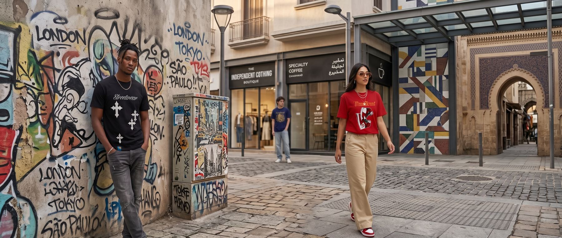 Modelos usando Mayan Boy Streetwear en una calle urbana